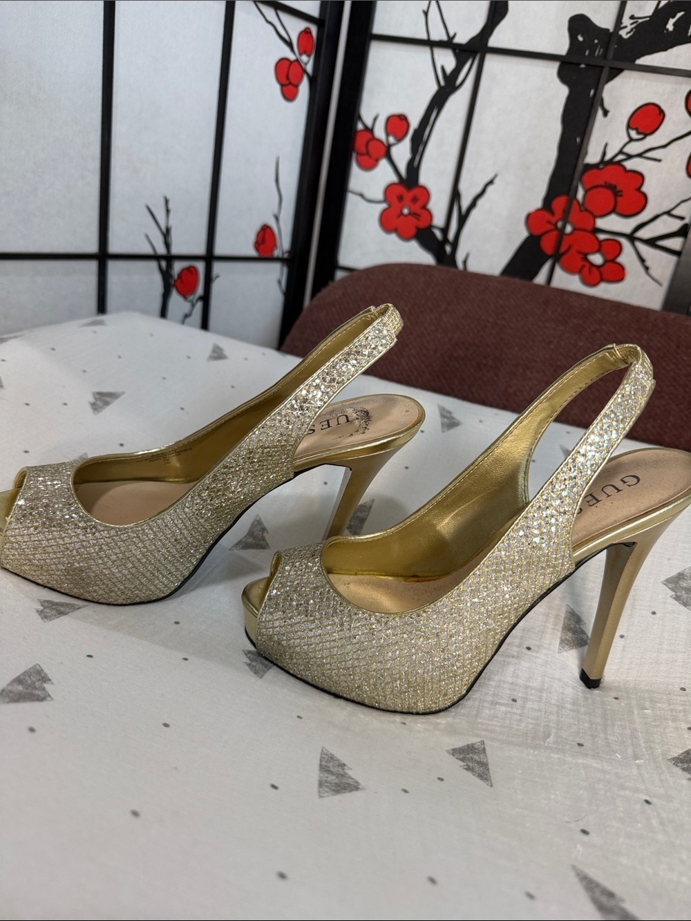 Guess Gold Crystal Slingback Peep-Toe Heels - Picture 4 of 8